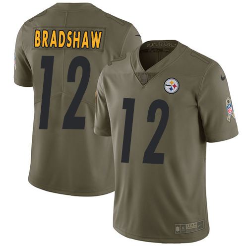 Nike Steelers #12 Terry Bradshaw Olive Men's Stitched NFL Limited Salute to Service Jersey - Click Image to Close